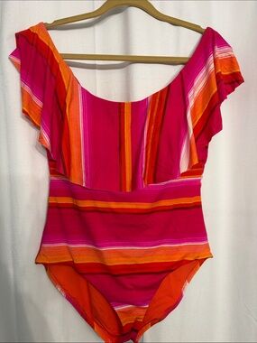 Trina Turk Pink & Orange Striped Ruffle One-Piece Swimsuit